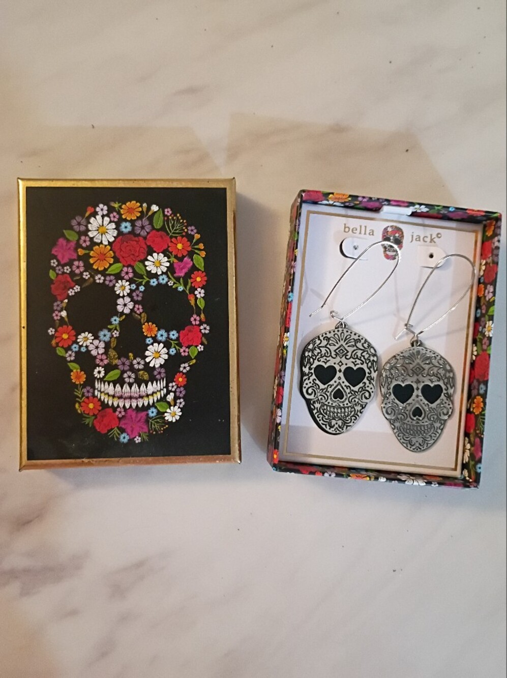 Silver Sugar Skull Drop Earrings - Black and Silver
